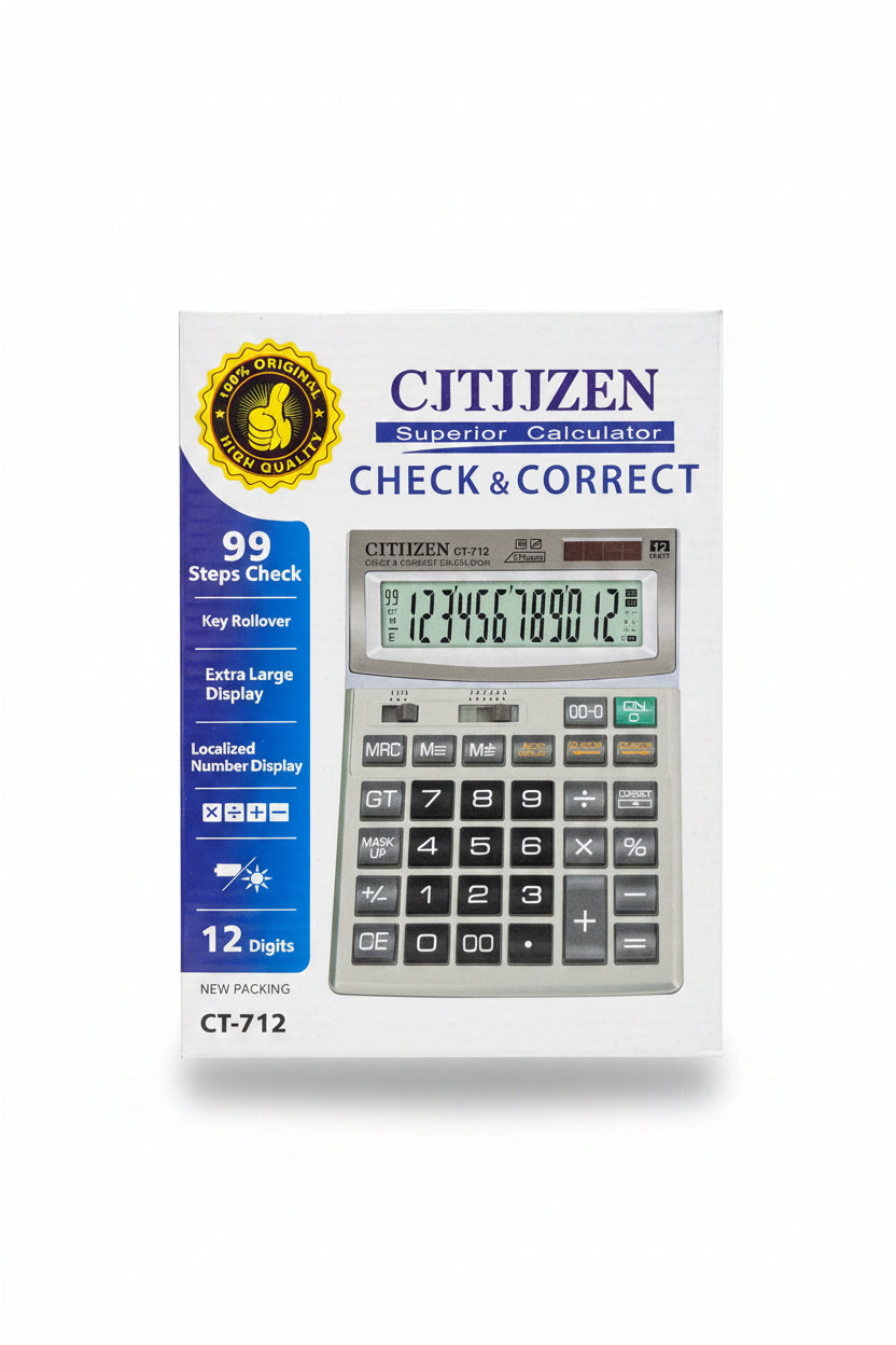 Citizen Check & Correct superior calculator CT-712 in its original retail packaging, held in front of a blurred shop background.