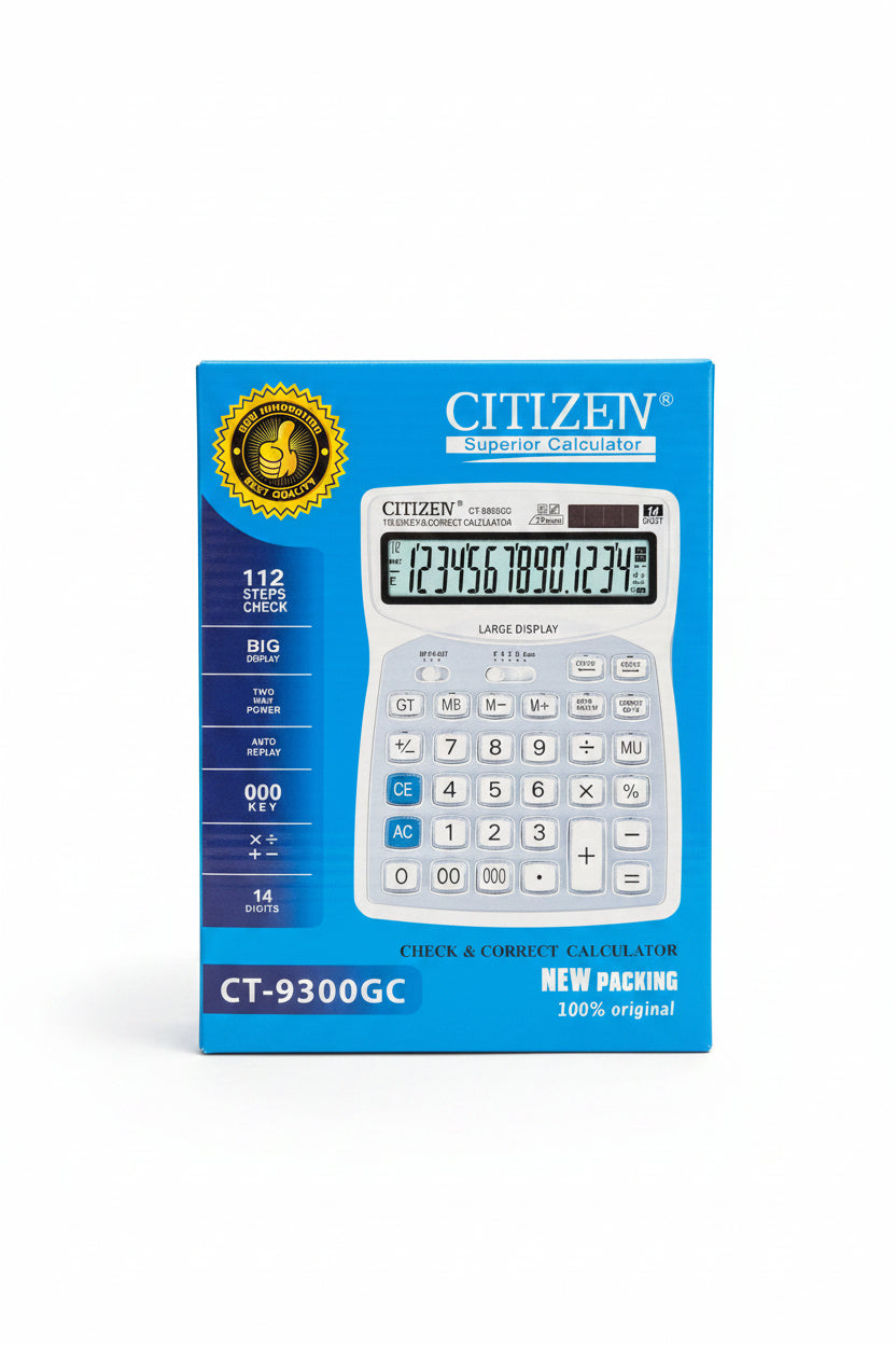 Citizen CT-9300GC superior calculator in its original blue retail packaging, displayed in what appears to be a retail store setting.