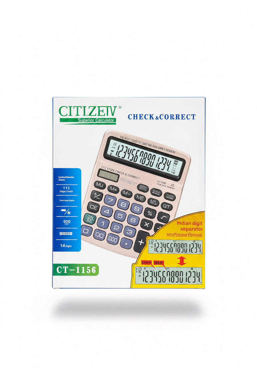 Citizen Check & Correct CT-1156 calculator in its original retail packaging, held by a hand in what appears to be a store setting.
