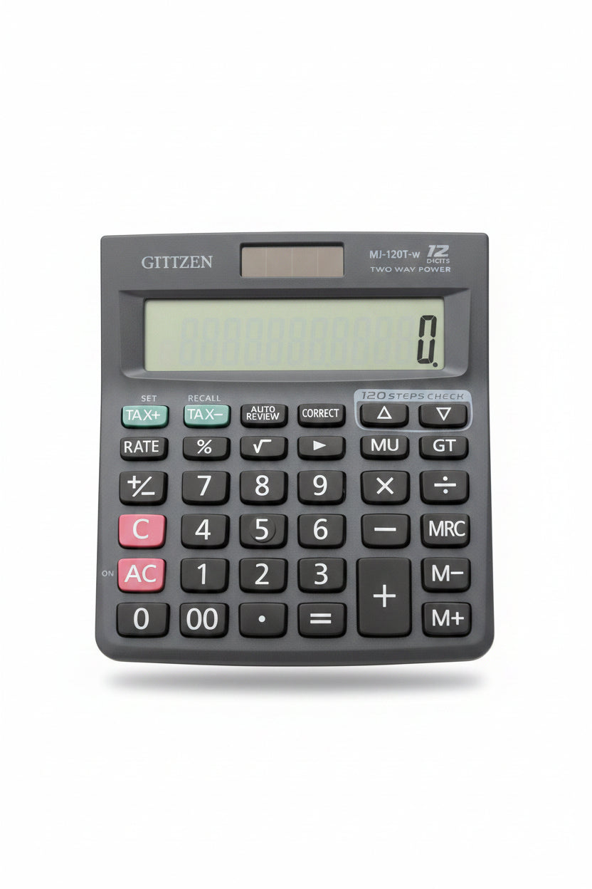 A hand holding a Citizen M6-1307W IIZ mini analog calculator, showing its front face with black keys, a green display screen, and red and green accent buttons against a cluttered background of stacked books.