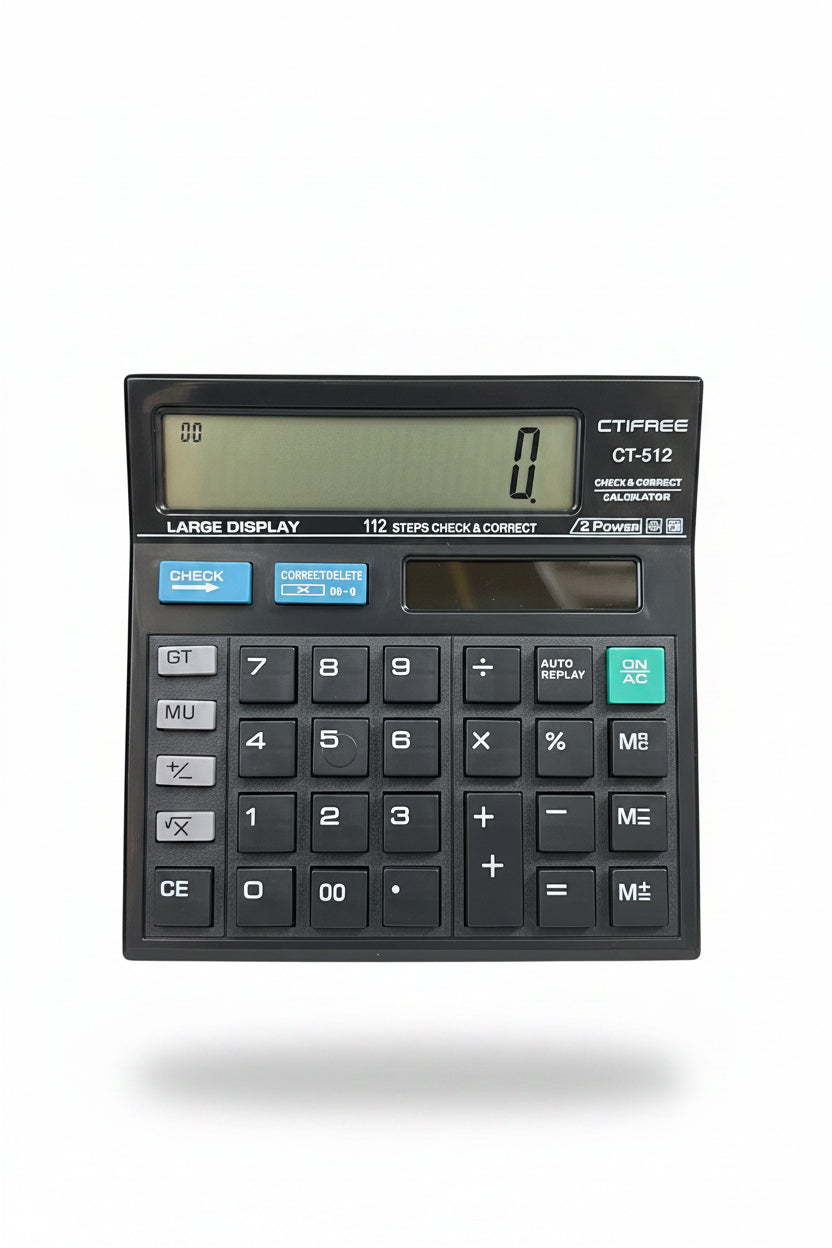A black CTIFREE CT-512 step-by-step calculator held in a hand, showing a digital display screen with '0' on a retail shelf background.
