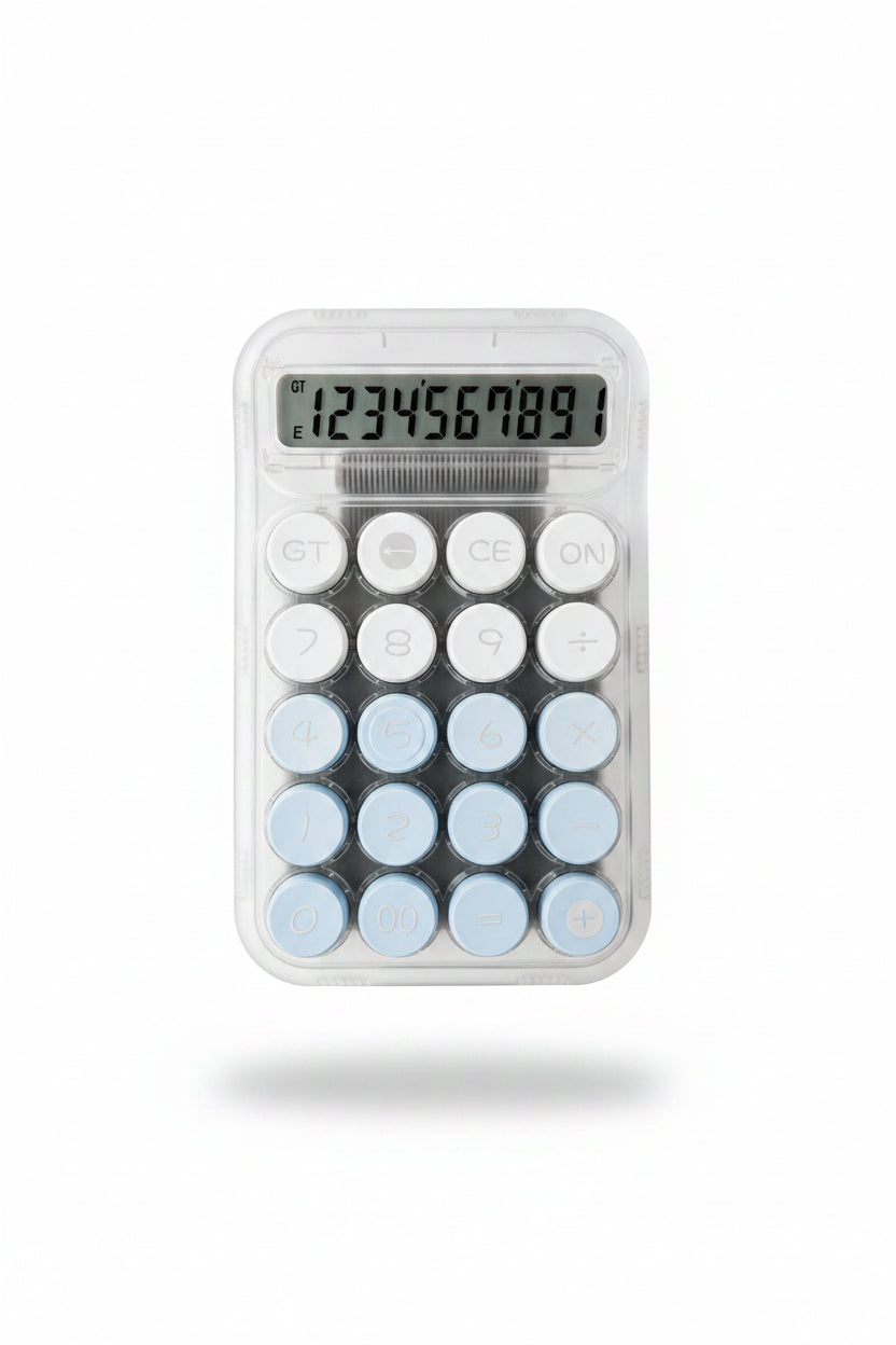 A handheld calculator with a clear plastic protective case and light blue buttons, held in a hand. The calculator has a digital LCD display showing numbers and standard button labels including GT, CE, ON, and basic arithmetic symbols.