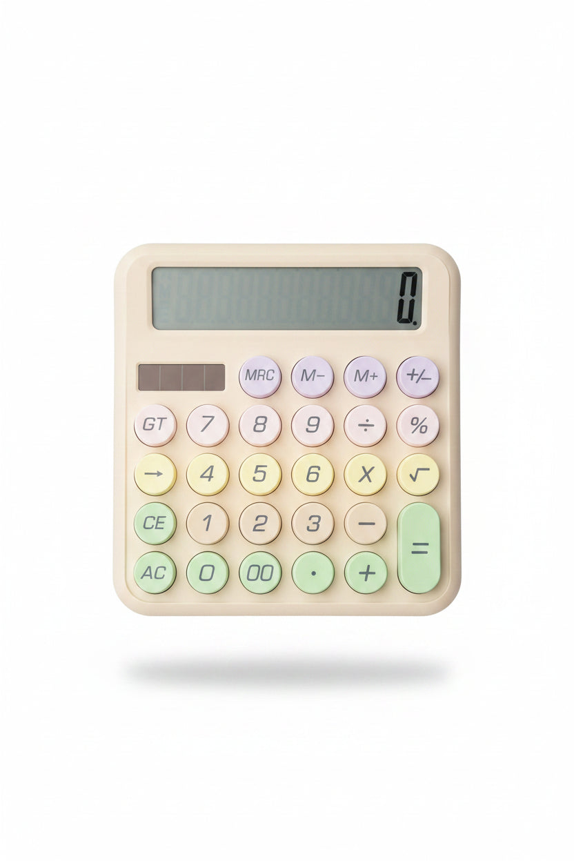 A handheld beige calculator with pastel-colored buttons in pink, yellow, and green, held by a hand in front of a cluttered desk background.