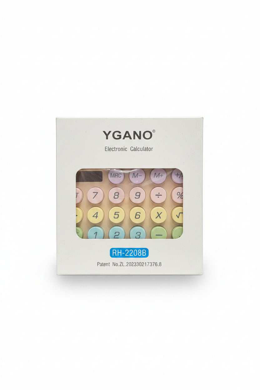 A boxed YGANO electronic calculator held in a hand. The white box shows a window with round pastel-colored buttons and text including 'YGANO Electronic Calculator' and 'RH-2208B'.