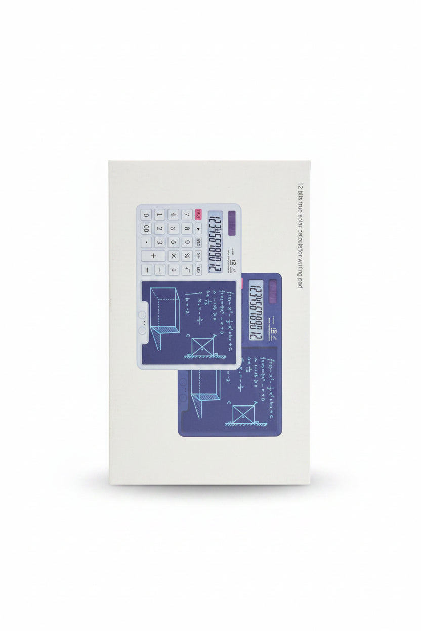 A white rectangular product box photographed from above on a cluttered surface. The box features printed graphics of a calculator and a smartphone-style screen showing blue geometric diagrams and a calculator display.