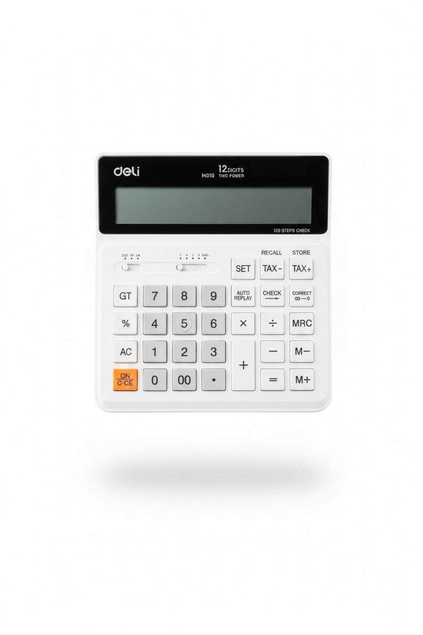 A white Deli 12-step calculator held in a hand, showing its front face with a dark display screen and standard numeric keys.