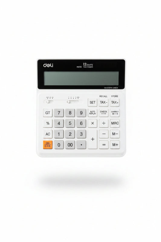 A white Deli 12-step calculator held in a hand, showing its front face with a dark display screen and standard numeric keys.