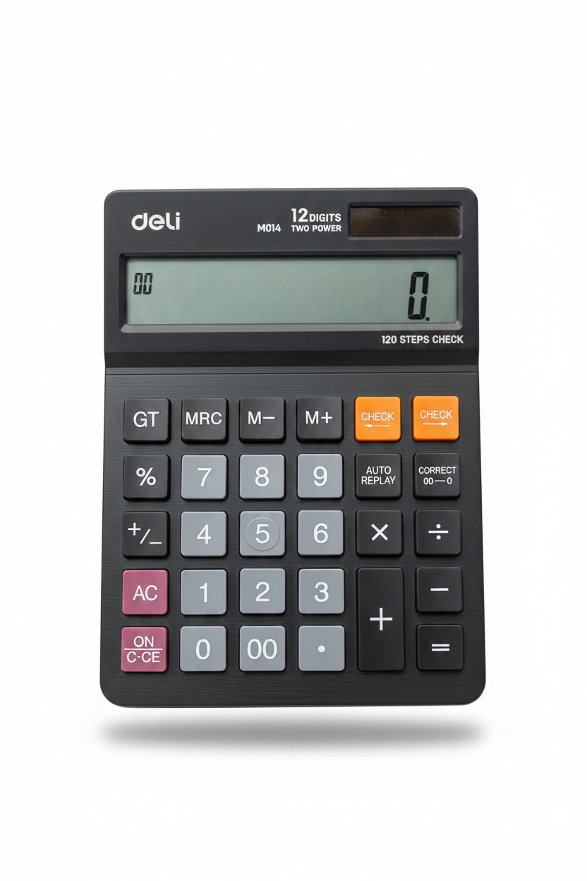 A black Deli 12-digit calculator held in a hand, with colorful, out-of-focus school bags in the background.
