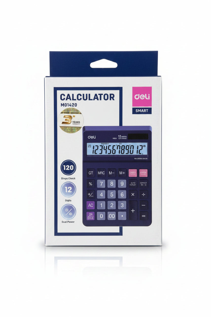 A hand holding a boxed deli M01420 smart calculator. The retail packaging is white and blue, featuring a graphic of the dark blue calculator with pink buttons and a digital display.