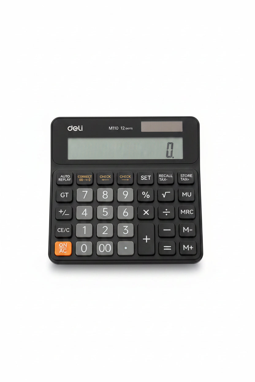 A black Deli MT10 12-in-1 calculator being held by a hand in front of a busy, out-of-focus store background.