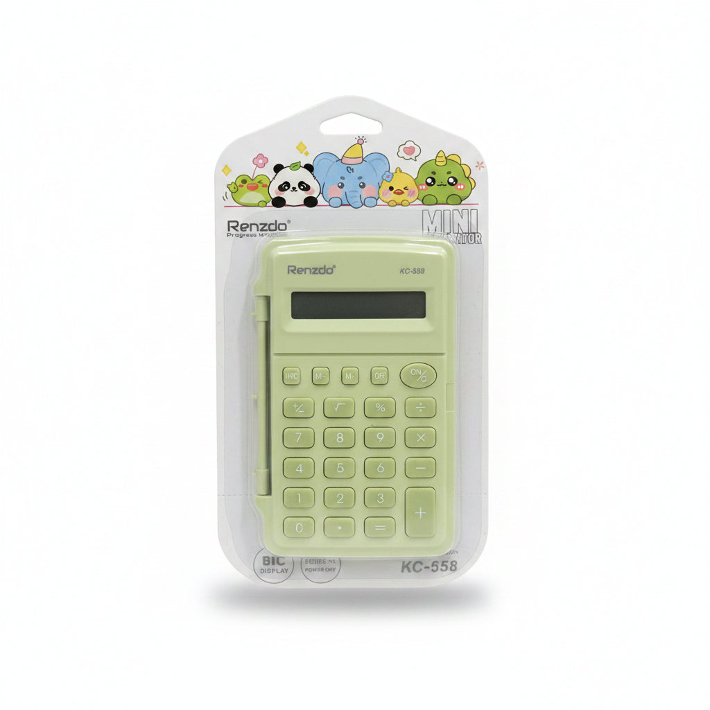 A light green Renzdo mini calculator in its original retail blister packaging, held in a hand. The packaging features cartoon animal illustrations (panda, elephant, dinosaur) and the Renzdo brand name.