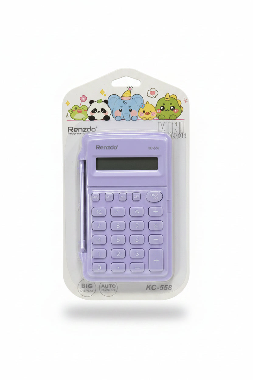 A hand holding a small purple Renzda calculator in its original white blister packaging, with a busy store background visible.