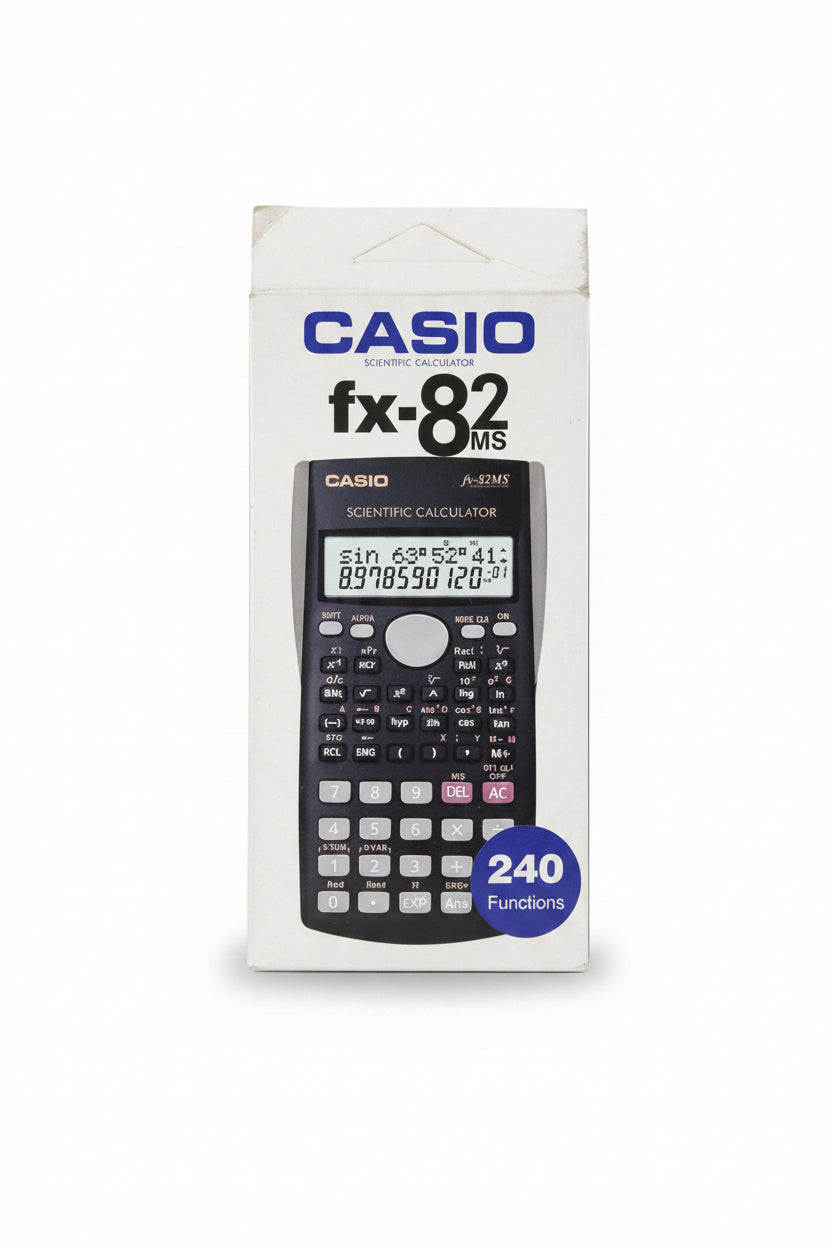 A hand holding a white Casio fx-82MS scientific calculator box, with the calculator pictured on the front. The box shows the Casio brand name, model fx-82ms, and a blue '240 Functions' badge.