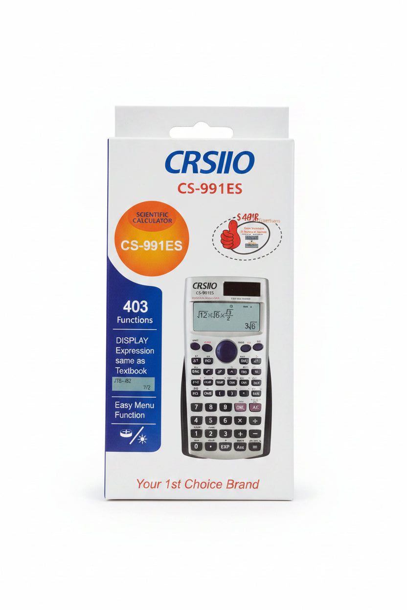 A hand holding a white CRSIOO CS-9919ES scientific calculator box, showing the front packaging with product details and a photo of the calculator on the box.