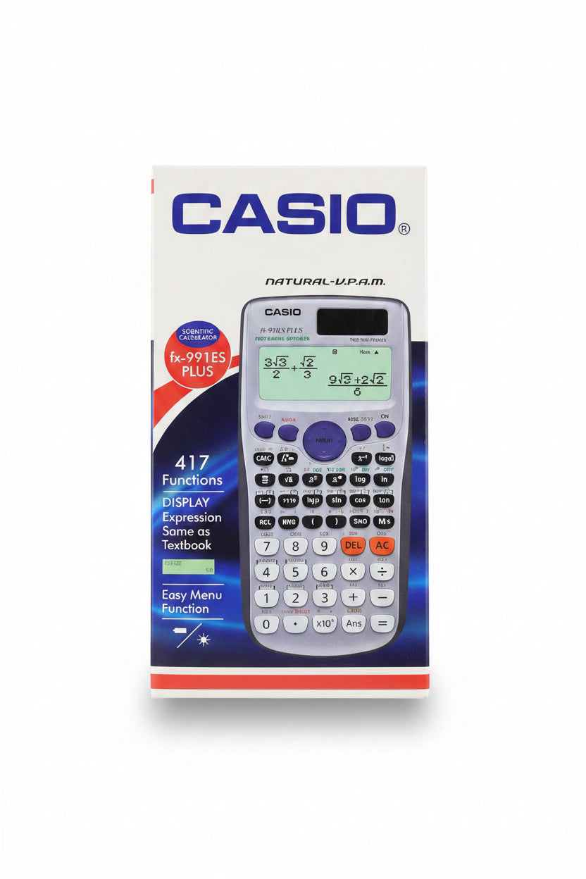 A hand holding a retail box of a Casio scientific calculator. The packaging is white with blue branding and shows a picture of the calculator on the front.