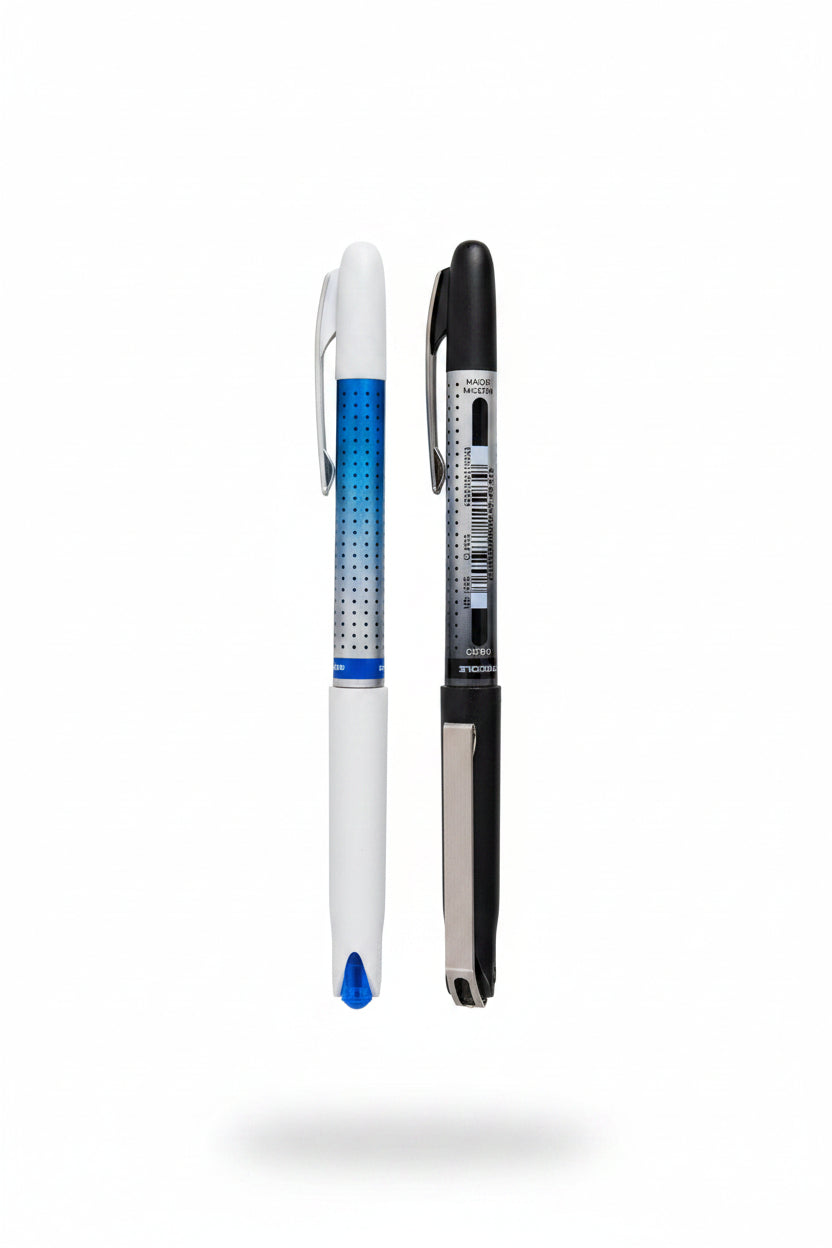 Two pens held by a hand over a handwritten paper background. One pen is silver and blue, and the other is black and silver.
