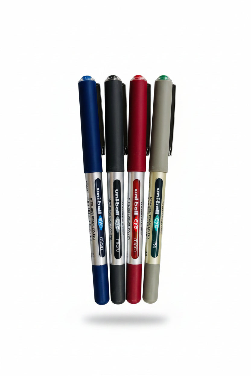 Four Uni-ball pen markers in blue, black, red, and gray, arranged vertically on a textured, colorful background.
