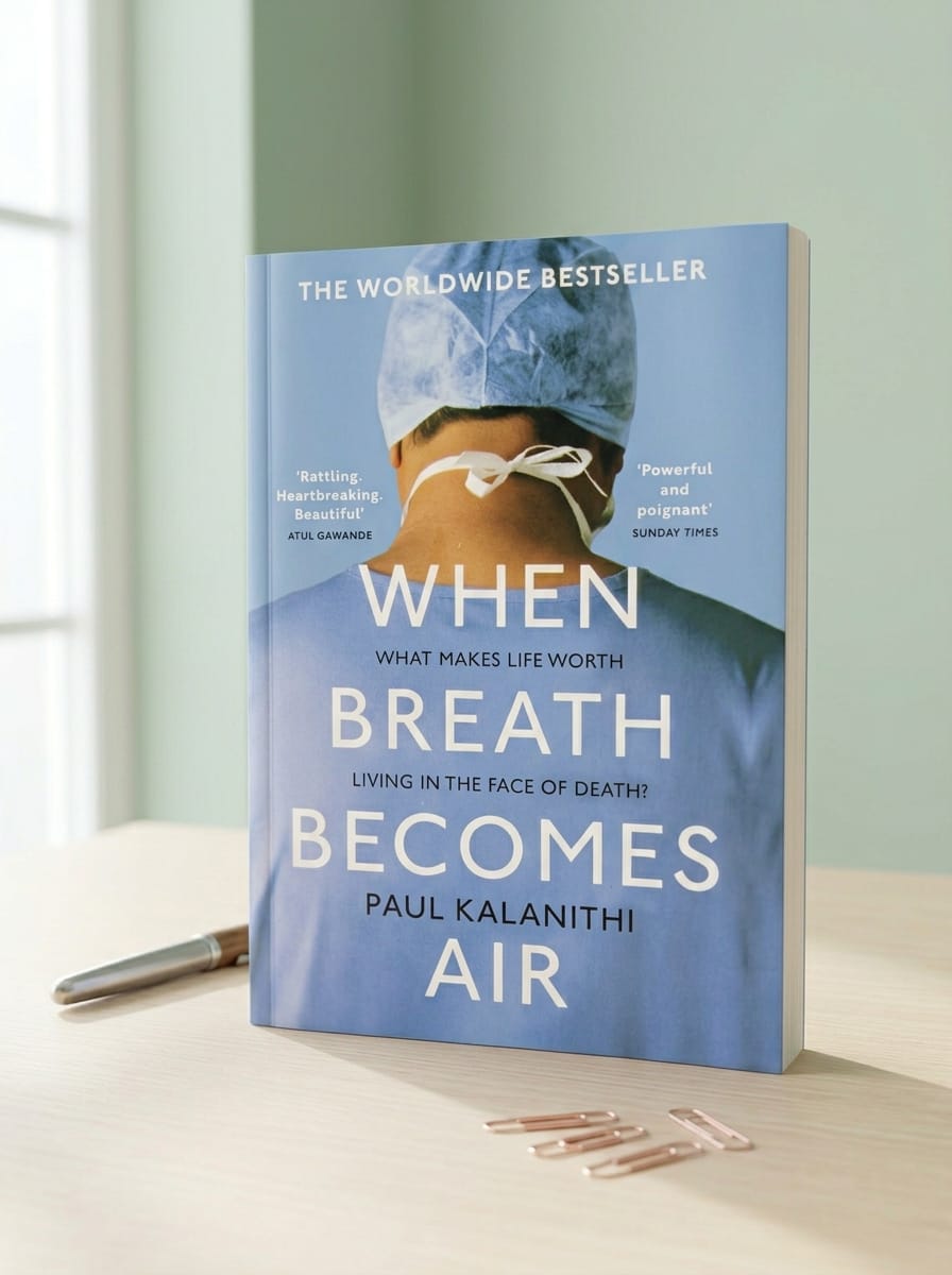 Book titled 'When Breath Becomes Air' by Paul Kalanithi on a surface with a light background